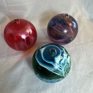 Set of 3 Hand Blown Art Glass Bud Vase Swirled Orb Or Oil Lamp Psychedelic 70's